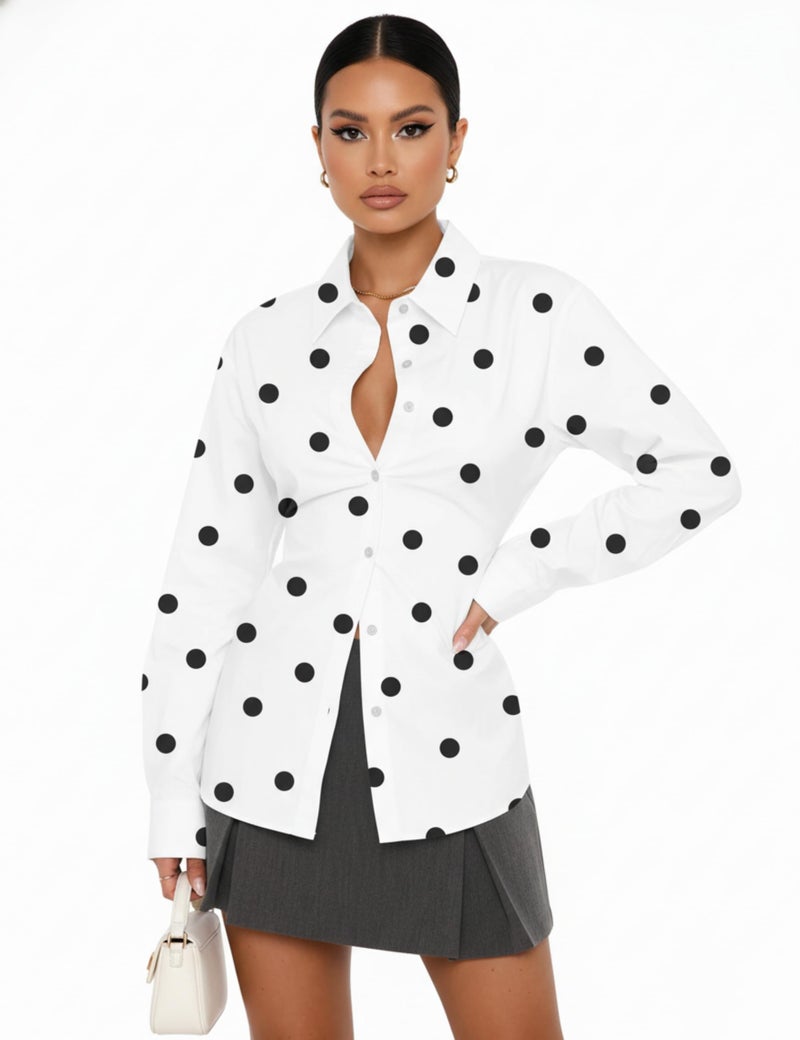 HOCANDY Women Polka Dot Blouse Cinched Waist Tie Back Corset Blouses Long Sleeve Button Down Shirts Lapel Collar Tunic Shirt - Image 2