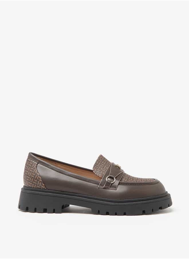 Flora Bella By Shoexpress Women Monogram Print Slip-On Chunky Loafers with Metallic Accent  - Image 1