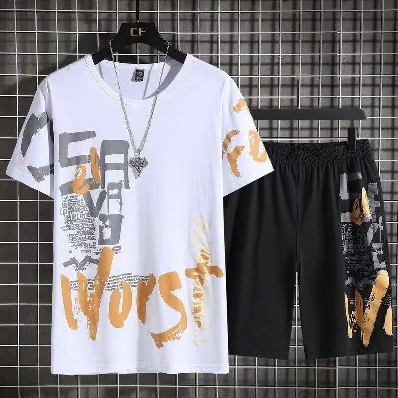Casual Shorts Mens Printed Sleeveless T-Shirt Versatile Trunks Trendy Summer 2-Piece Set Fashionable Streetwear white suit 