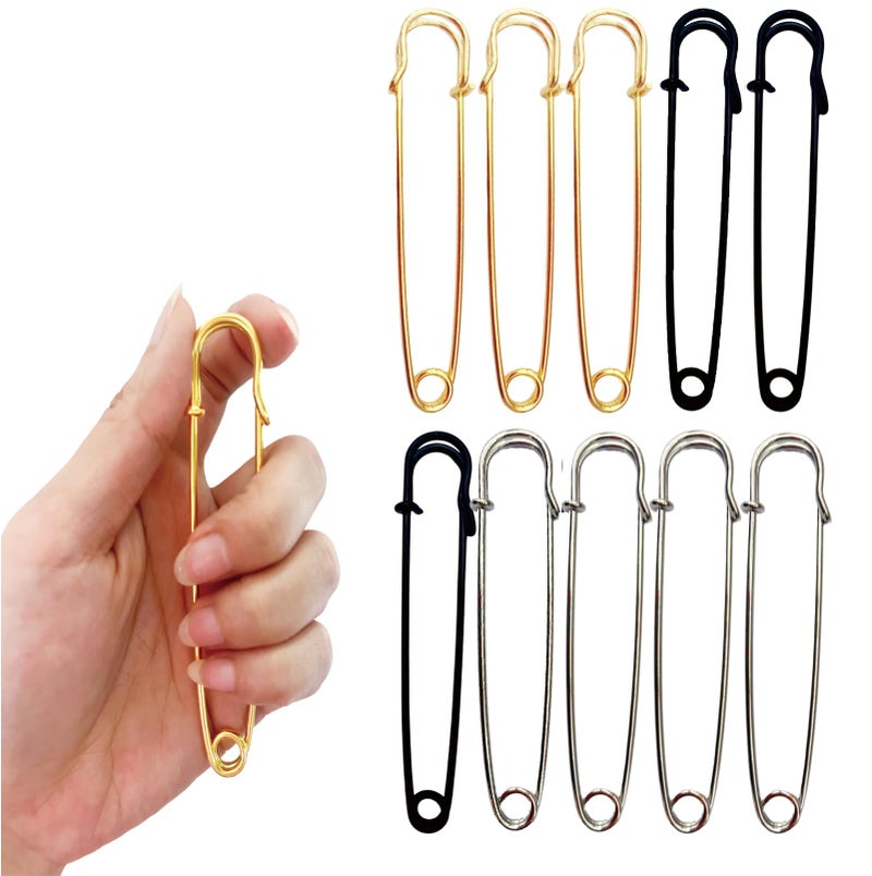 BHLBarley 10PCS Large Safety Pins,4 Inch Heavy Duty,3 Colors Extra Large Safety pins ï¼ˆ3Gold/3Black/4Silveryï¼‰ - Image 1