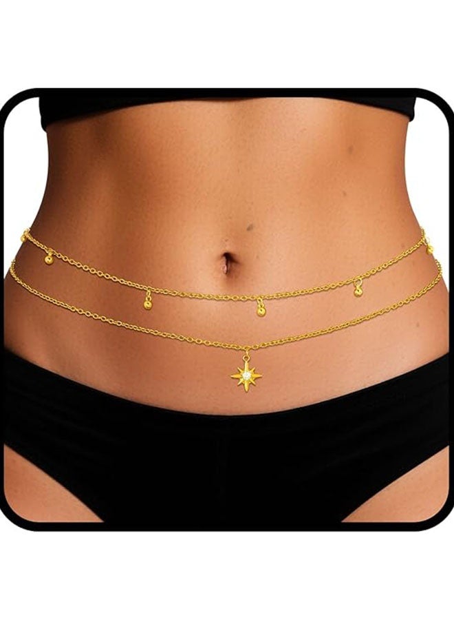 Happy D Layered Beads Waist Chain Gold/Silver Sun Belly Chain Bikini Body Chain Women Adjustable Beach Waist Jewelry Accessories - Image 1