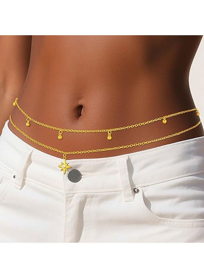 Happy D Layered Beads Waist Chain Gold/Silver Sun Belly Chain Bikini Body Chain Women Adjustable Beach Waist Jewelry Accessories - Image 2