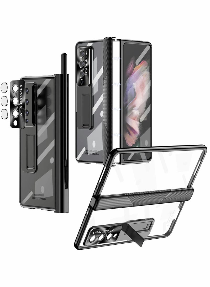 SOLARAE Phone Case Hinge Protection for Samsung Galaxy Z Fold 4, Z Fold 4 Case S Pen Holder Transparent Plating PC Bulit -in Front Glass Kickstand All-Inclusive Case for Samsung Z Fold 4 5G (Black) - Image 1
