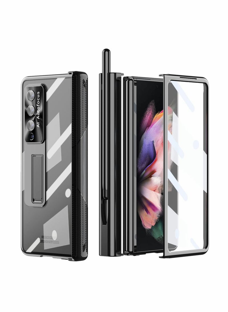 SOLARAE Phone Case Hinge Protection for Samsung Galaxy Z Fold 4, Z Fold 4 Case S Pen Holder Transparent Plating PC Bulit -in Front Glass Kickstand All-Inclusive Case for Samsung Z Fold 4 5G (Black) - Image 2