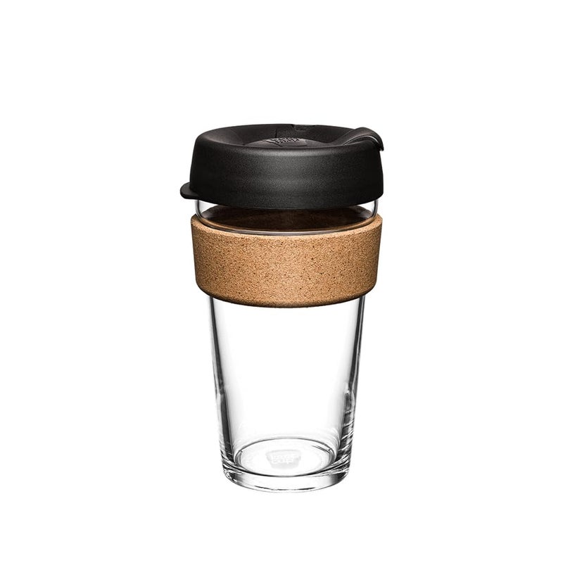 KeepCup Brew Cork Reusable Glass Tumbler with Natural Cork Grande Coffee Cup 16oz454ml Black