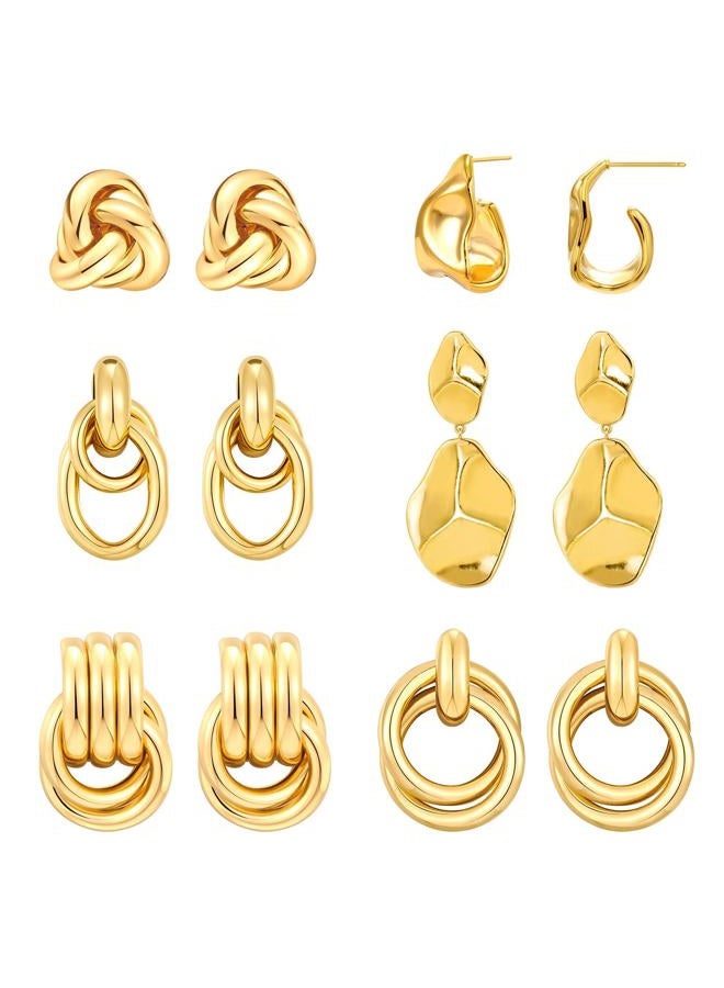 QJLE 6 Pair Chunky Gold Earrings for Women, Geometric Hoop Dangle Earrings Lightweight Teardrop Statement Drop Earrings for Women Trendy Jewelry - Image 1
