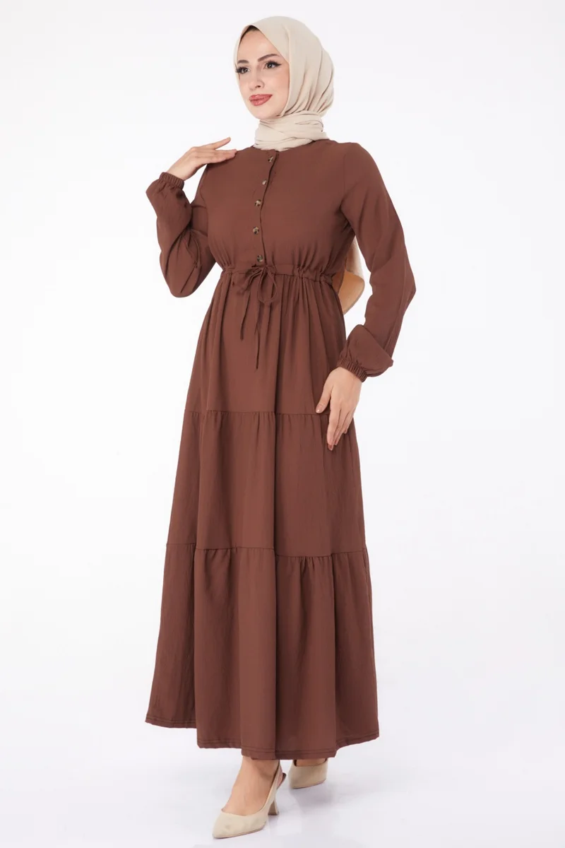 Tofisa Plain Crew Neck Women's Coffee Waist Gathered Dress - 13302