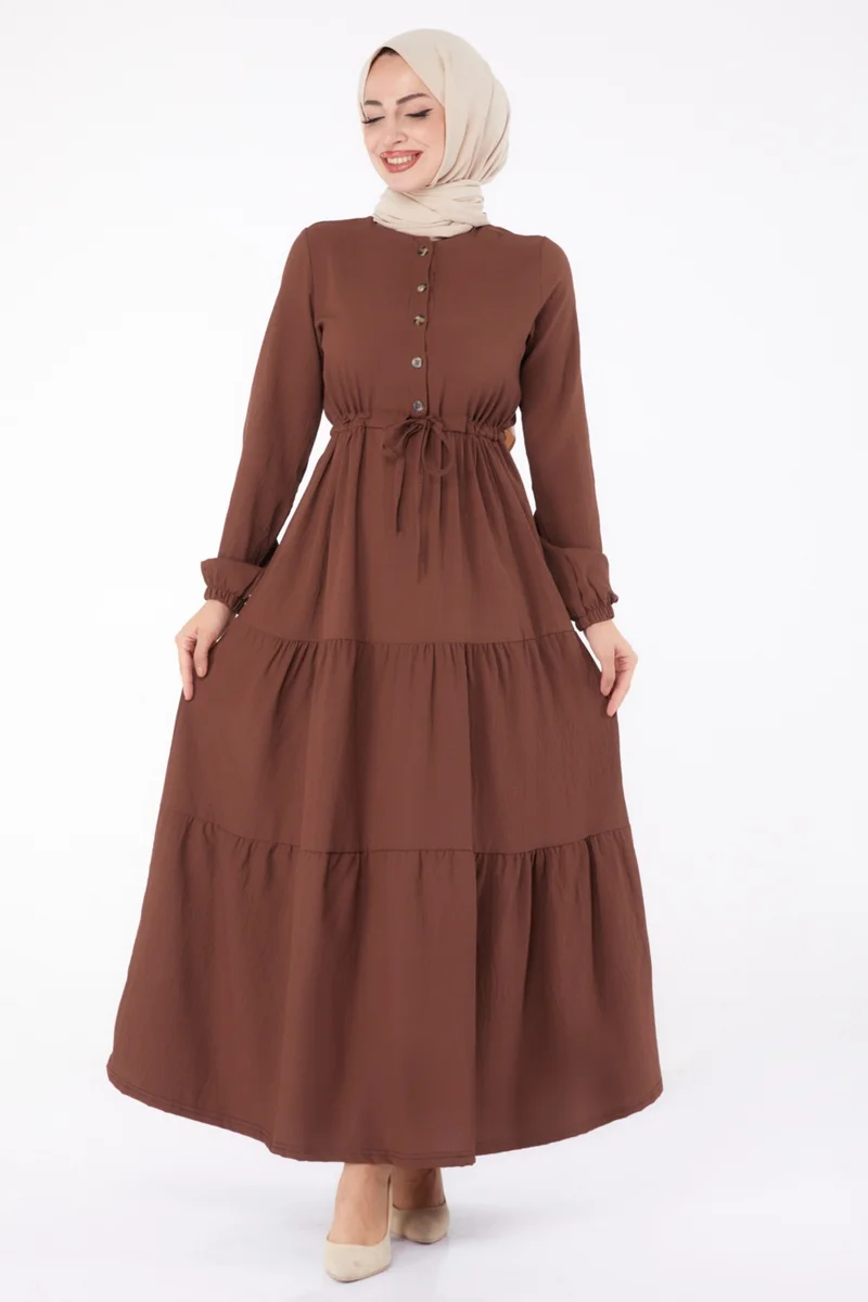 Tofisa Plain Crew Neck Women's Coffee Waist Gathered Dress - 13302