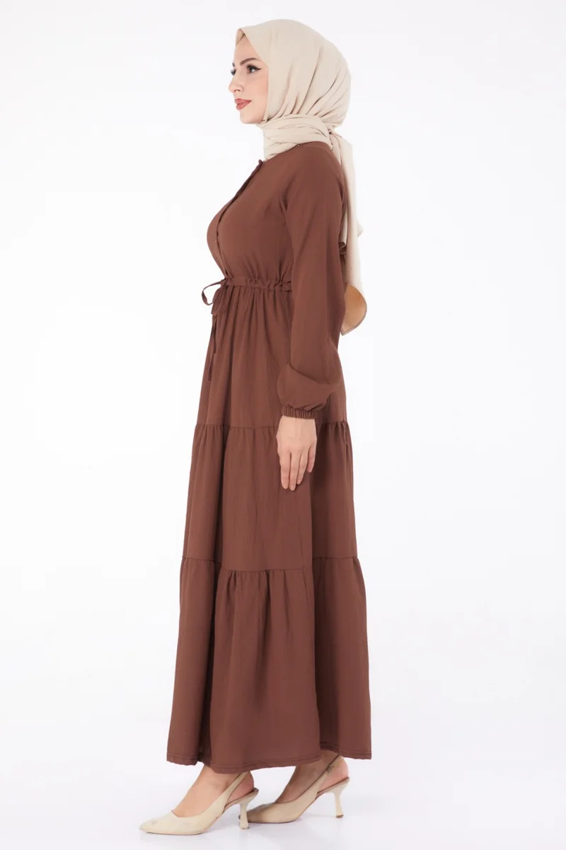 Tofisa Plain Crew Neck Women's Coffee Waist Gathered Dress - 13302