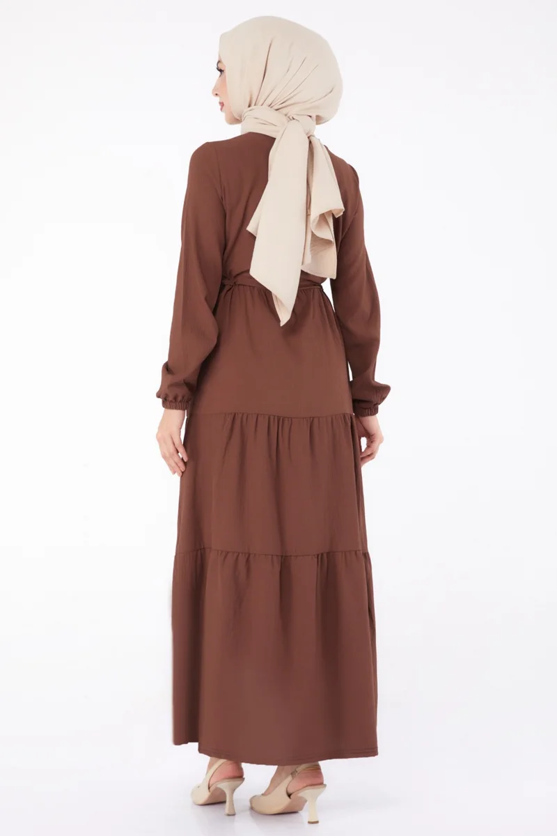Tofisa Plain Crew Neck Women's Coffee Waist Gathered Dress - 13302