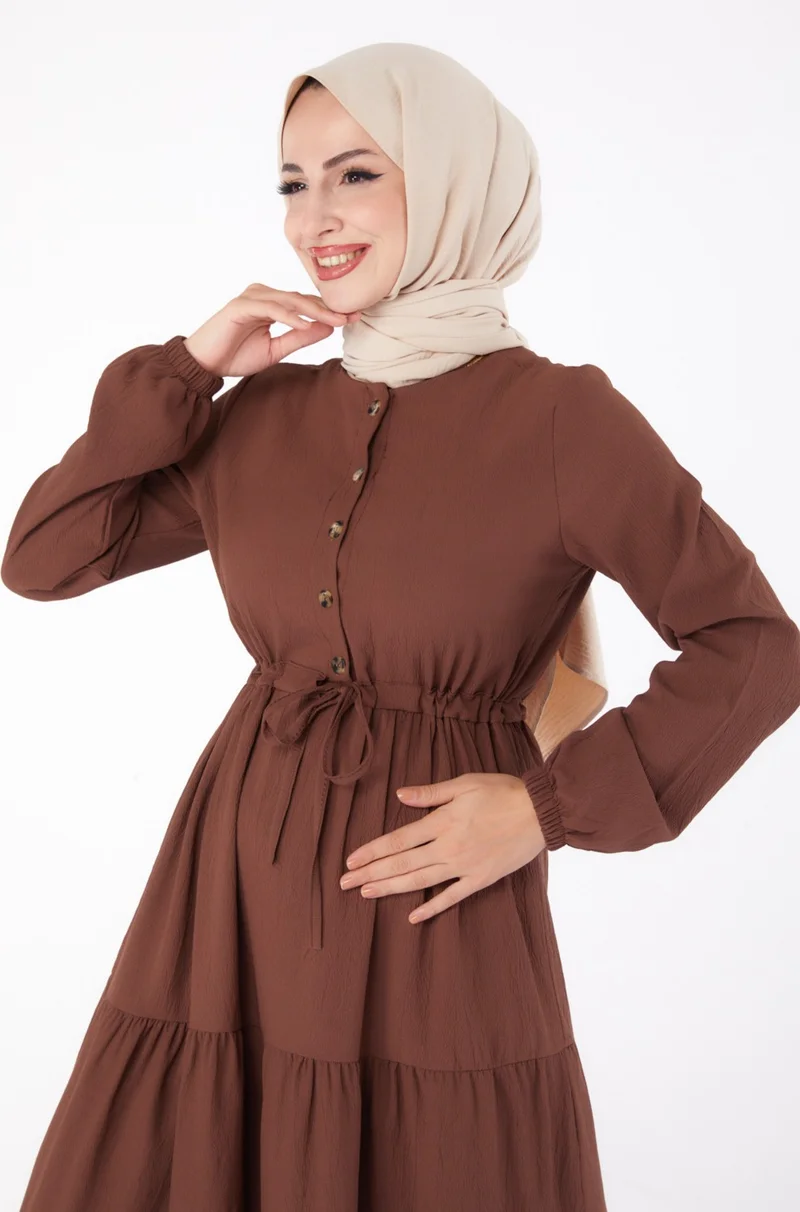 Tofisa Plain Crew Neck Women's Coffee Waist Gathered Dress - 13302
