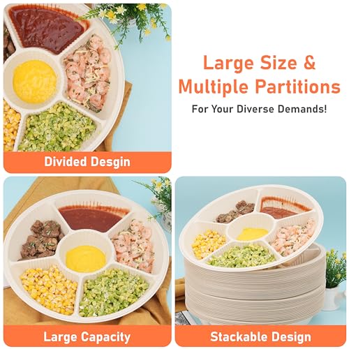 LUVCOSY 40 Pcs Disposable Divided Plates with 6 Deep Compartments, 12 Inch Large Disposable Sectional Plates, Biodegradable Cornstarch Divided Serving Tray for Party - Microwave Safe - Image 3