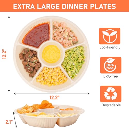 LUVCOSY 40 Pcs Disposable Divided Plates with 6 Deep Compartments, 12 Inch Large Disposable Sectional Plates, Biodegradable Cornstarch Divided Serving Tray for Party - Microwave Safe - Image 2