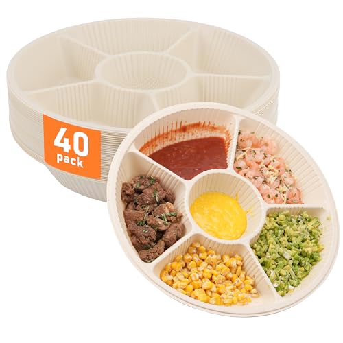 LUVCOSY 40 Pcs Disposable Divided Plates with 6 Deep Compartments, 12 Inch Large Disposable Sectional Plates, Biodegradable Cornstarch Divided Serving Tray for Party - Microwave Safe - Image 1