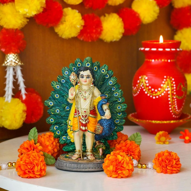 alikiki Lord Kartikeya Statue with Peacock - 6.7”H Indian Lord Murugan Idol Murti Item Home Office Temple Mandir Shrine Altar Pooja Decor India Diwali Puja Gifts for Friends Relative - Image 3
