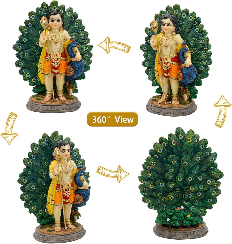 alikiki Lord Kartikeya Statue with Peacock - 6.7”H Indian Lord Murugan Idol Murti Item Home Office Temple Mandir Shrine Altar Pooja Decor India Diwali Puja Gifts for Friends Relative - Image 2