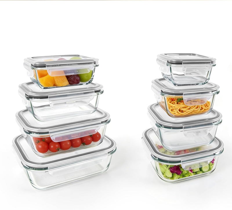 Magic Park 8 Pack Glass Food Storage Containers with Airtight Lids Meal Prep Containers Portion Airtight Glass حافظة طعام Bento Boxes for Lunch, for Microwave, Freezer and Dishwasher (8, Grey) - Image 1