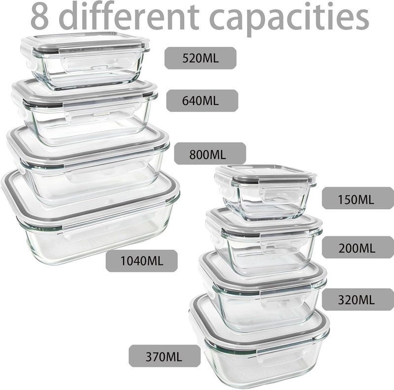 Magic Park 8 Pack Glass Food Storage Containers with Airtight Lids Meal Prep Containers Portion Airtight Glass حافظة طعام Bento Boxes for Lunch, for Microwave, Freezer and Dishwasher (8, Grey) - Image 5