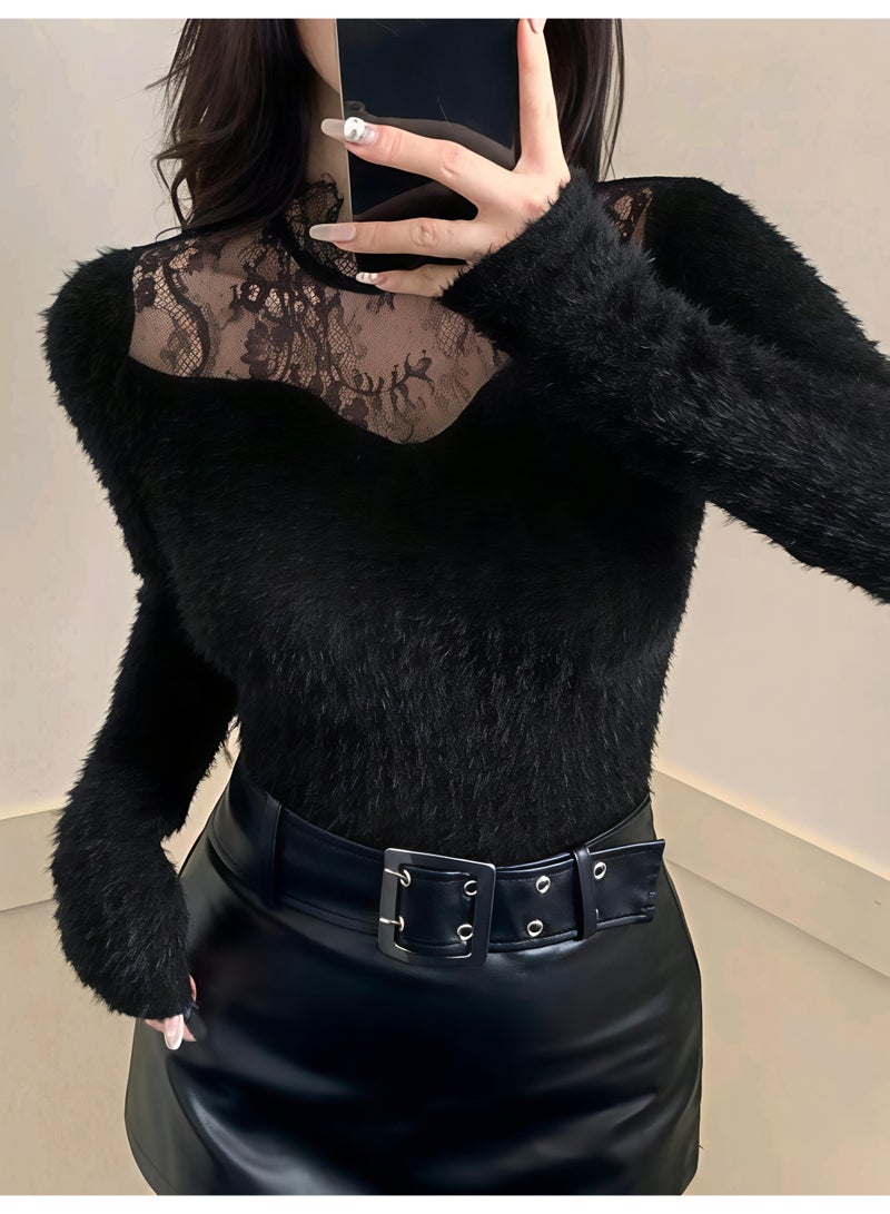 Dazy Women's Fuzzy Lace Patchwork Long Sleeve TOP BLOUSE Suitable For Autumn/Winter FROM DAZY - Image 4