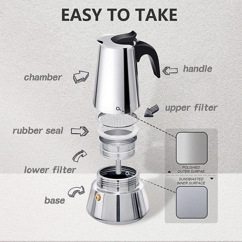 Hetzon Sales Stainless Steel Espresso Maker Stovetop Coffee Percolator Italian Coffee Maker Moka Pot Silver - Image 4