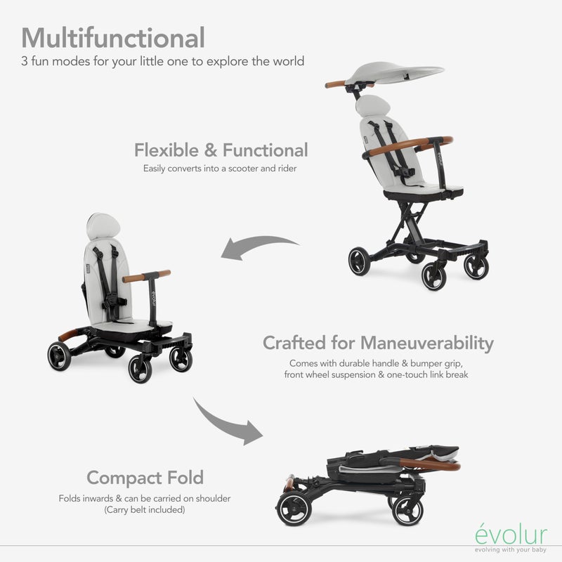 evolur Cruise Rider Stroller with Canopy, Lightweight Umbrella Stroller with Compact Fold, Easy to Carry Travel Stroller - Koala Gray - Image 4