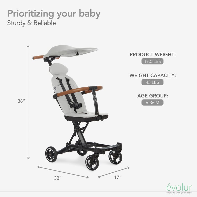 evolur Cruise Rider Stroller with Canopy, Lightweight Umbrella Stroller with Compact Fold, Easy to Carry Travel Stroller - Koala Gray - Image 2
