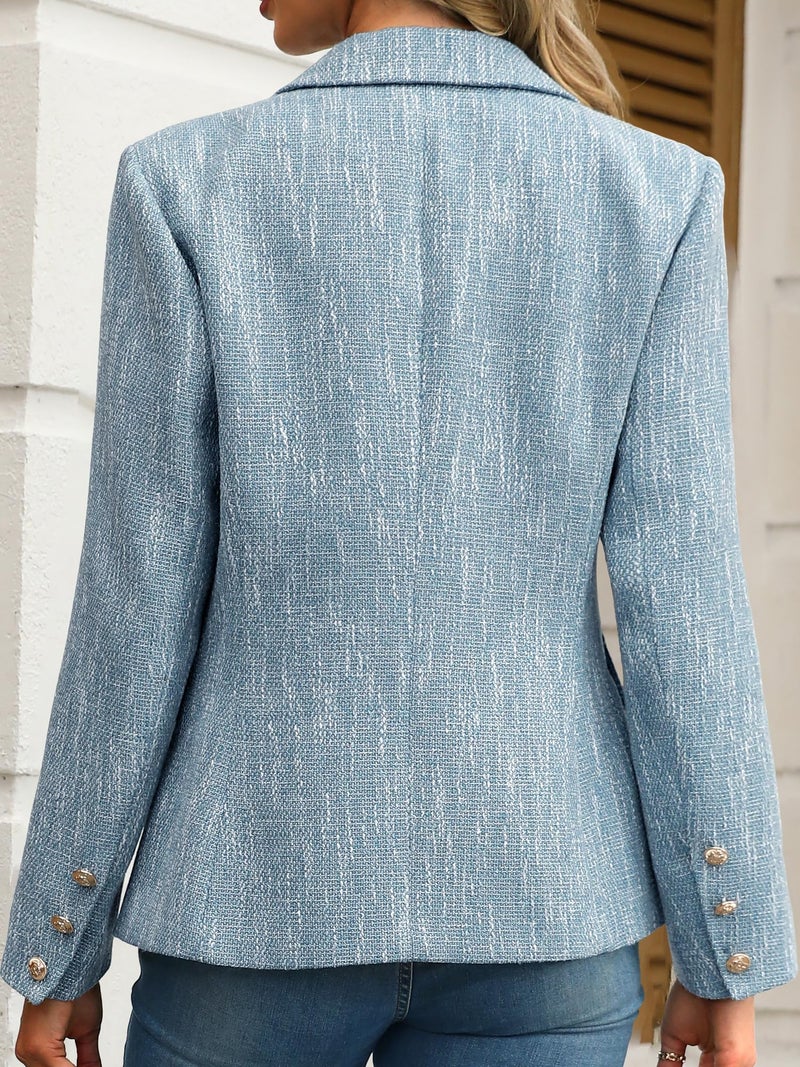ELLEVEN Womens Tweed Blazers Business Casual Long Sleeve Double Breasted Bottons Jackets Work Suit Slim Fit Dressy Elegant Pockets Plaid Blazer Padded Shoulder Spring Fall Winter Light Blue Small - Image 2