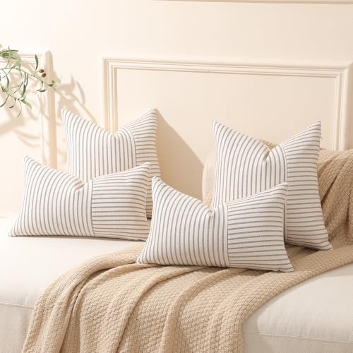 Hckot Set of 2 Farmhouse Throw Pillow Covers 18 x 18 Striped Linen Decorative Pillows Case for Sofa Couch Chair Bedroom Modern Decor(Grey) - Image 3