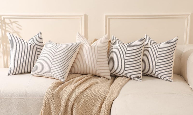 Hckot Set of 2 Farmhouse Throw Pillow Covers 18 x 18 Striped Linen Decorative Pillows Case for Sofa Couch Chair Bedroom Modern Decor(Grey) - Image 5