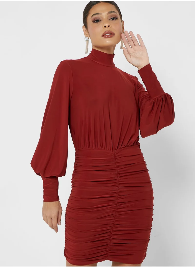 John Zack Long Sleeve Rushed Mini Bodycon Dress