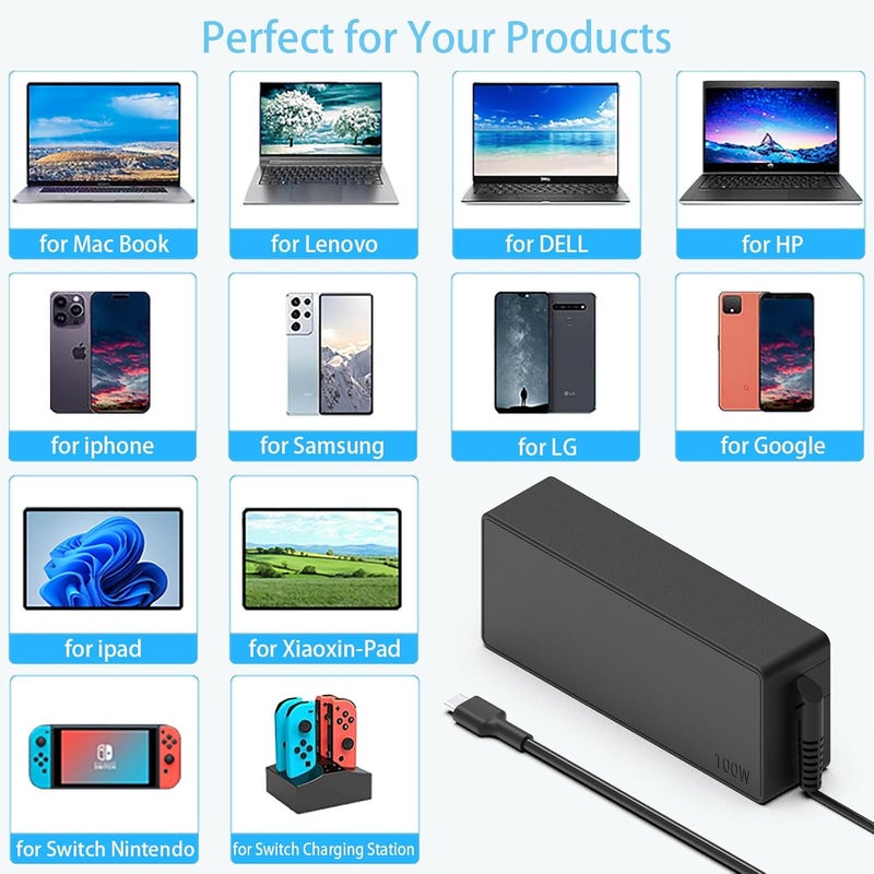 شاحن عالمي 100 واط USB-C، شاحن سريع لأجهزة الكمبيوتر المحمولة USB C متوافق مع أجهزة Asus وHP وLenovo ThinkPad وAcer وجميع أجهزة منفذ Type C، يشحن أجهزة Type-C بقدرة 96 واط و90 واط و65 واط و45 واط و30 واط - Image 5
