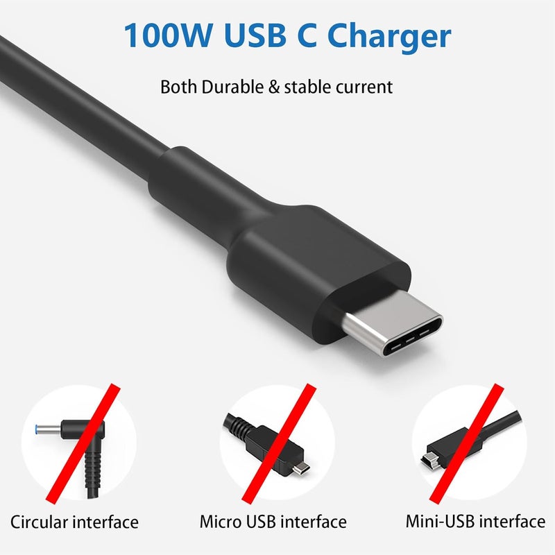 شاحن عالمي 100 واط USB-C، شاحن سريع لأجهزة الكمبيوتر المحمولة USB C متوافق مع أجهزة Asus وHP وLenovo ThinkPad وAcer وجميع أجهزة منفذ Type C، يشحن أجهزة Type-C بقدرة 96 واط و90 واط و65 واط و45 واط و30 واط - Image 2