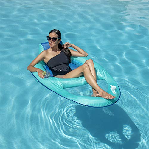 SwimWays Spring Float Recliner Chair for Swimming Pool, Inflatable Pool Floats Adult with Fast Inflation, Cup Holder & Foot Rest for Ages 15 & Up, Aqua - Image 2
