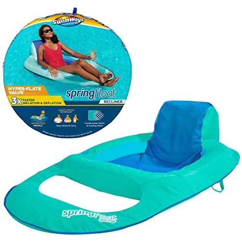 SwimWays Spring Float Recliner Chair for Swimming Pool, Inflatable Pool Floats Adult with Fast Inflation, Cup Holder & Foot Rest for Ages 15 & Up, Aqua - Image 1