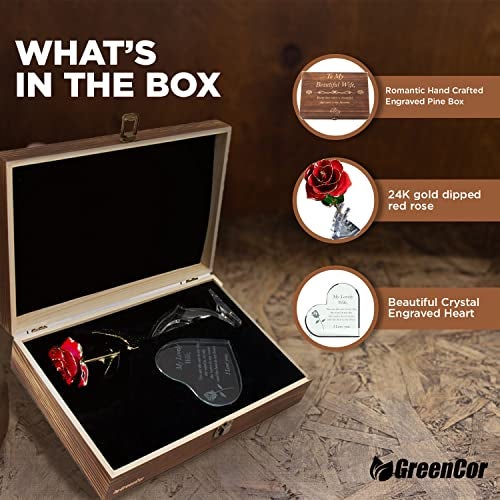 GreenCor Anniversary for Wife Engraved Wooden Gift Set 'To My Beautiful Wife' Includes Crystal Engraved Heart 24K Gold Dipped Rose for Birthday Gifts - Image 3