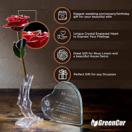 GreenCor Anniversary for Wife Engraved Wooden Gift Set 'To My Beautiful Wife' Includes Crystal Engraved Heart 24K Gold Dipped Rose for Birthday Gifts - Image 4