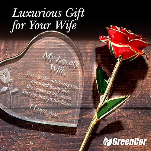 GreenCor Anniversary for Wife Engraved Wooden Gift Set 'To My Beautiful Wife' Includes Crystal Engraved Heart 24K Gold Dipped Rose for Birthday Gifts - Image 5