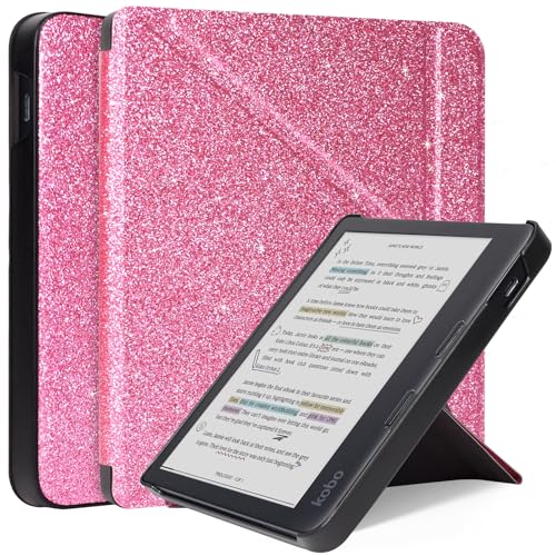 Caweet Case for Kobo Libra Colour 7 Inch 2024 Release, Premium PU Leather Origami Stand Protective Sleeve Cover with Auto Wake/Sleep Feature, Glitter Pink - Image 1