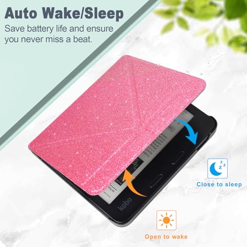Caweet Case for Kobo Libra Colour 7 Inch 2024 Release, Premium PU Leather Origami Stand Protective Sleeve Cover with Auto Wake/Sleep Feature, Glitter Pink - Image 2