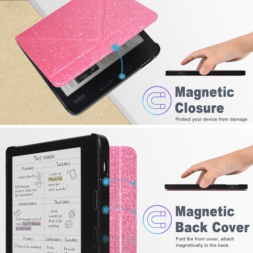 Caweet Case for Kobo Libra Colour 7 Inch 2024 Release, Premium PU Leather Origami Stand Protective Sleeve Cover with Auto Wake/Sleep Feature, Glitter Pink - Image 5