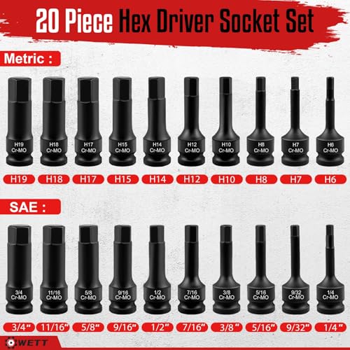 WETT 1/2" Drive Master Impact Hex Bit Set, 20 Piece Hex Driver Socket Set, Allen Bit Socket Set, Cr-Mo Steel, SAE & Metric, (1/4" - 3/4", 6-19mm) - Image 2