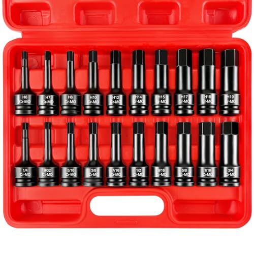 WETT 1/2" Drive Master Impact Hex Bit Set, 20 Piece Hex Driver Socket Set, Allen Bit Socket Set, Cr-Mo Steel, SAE & Metric, (1/4" - 3/4", 6-19mm) - Image 1