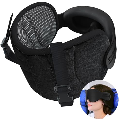 SARISUN Travel Pillows for Airplanes, Airplane Pillow for Long Flight Car Road Trip, Airplane Head Strap with Sleep Eye Mask, 360° Support Headrest, Stop Bobblehead Travel Neck Pillow, Mottled Black - Image 1