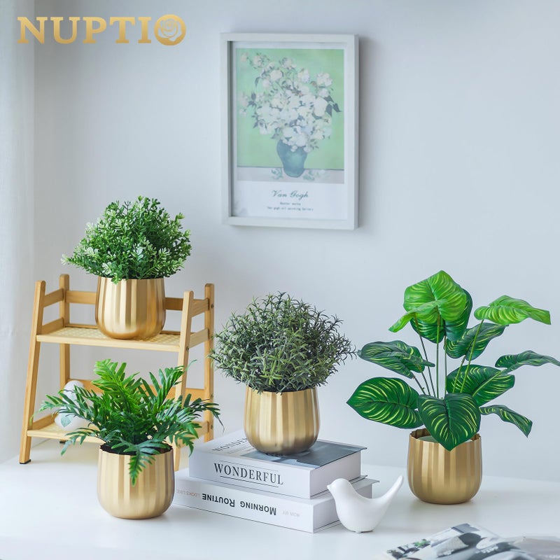 NUPTIO مزهرية ذهبية مركزية مزخرفة: وعاء معدني مضلع صغير 4" مع فتحة تصريف لمركز طاولة الزفاف ونباتات داخلية مجموعة من 6 - Image 3