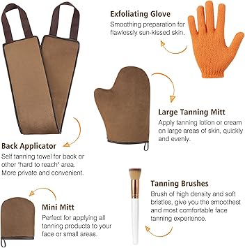Luxspire Self Tanning Mitt Applicator Kit 5 in 1 Soft Tanner Mitt Set with Exfoliating Glove Back Lotion Applicator Face Makeup Brush Mini Finger Face Self Tanner Mitt for Lotions Mousses Creams - Image 2