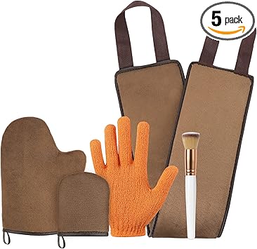 Luxspire Self Tanning Mitt Applicator Kit 5 in 1 Soft Tanner Mitt Set with Exfoliating Glove Back Lotion Applicator Face Makeup Brush Mini Finger Face Self Tanner Mitt for Lotions Mousses Creams - Image 1