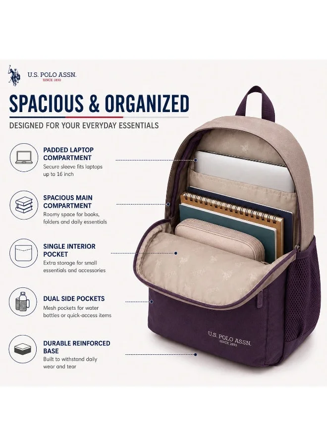 U.S. Polo Assn.  U.S. Polo Assn. Classic Blush Purple Heritage Colourblock Backpack for School and Office MultiCompartment Bag for Campus  | Best Price UAE