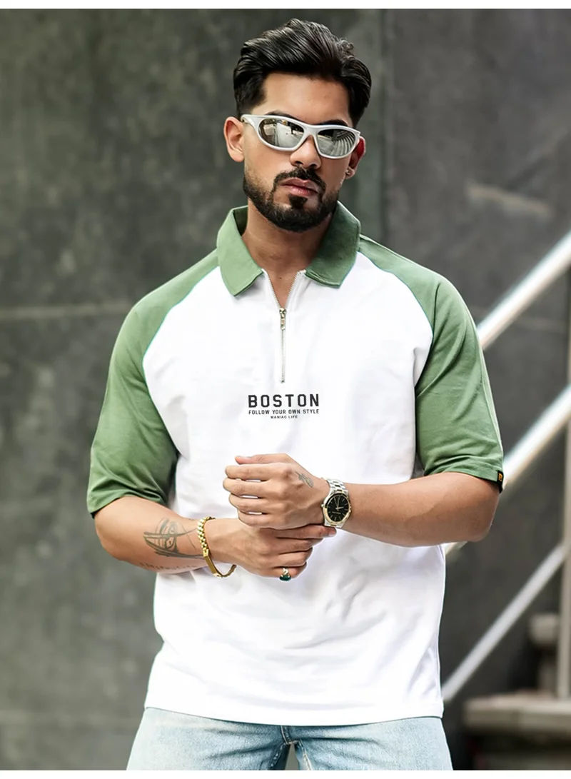 Maniac Maniac Mens Printed Raglan Half Sleeve Polo Neck White and Hunter Green Cotton T-Shirt