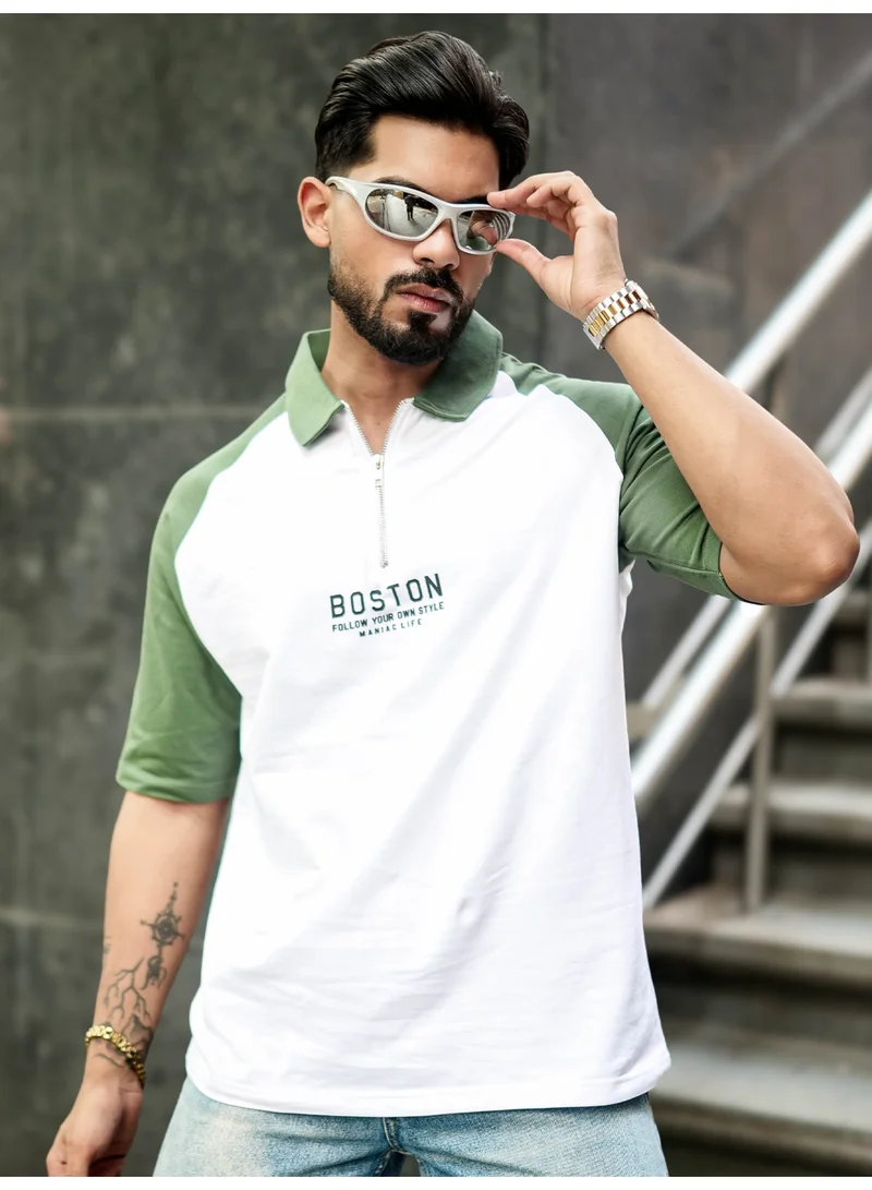 Maniac Maniac Mens Printed Raglan Half Sleeve Polo Neck White and Hunter Green Cotton T-Shirt