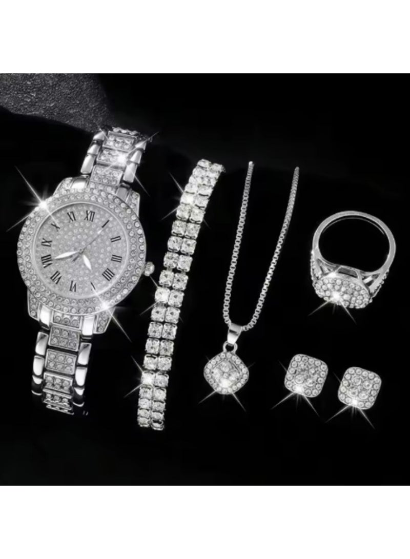 PULUZ 7 Pcs Luxury Women Watch and Bracelet Set Elegant Rhinestone Jewelry Quartz Watch and Women's Wrist Bangle Diamond Ring Necklace Earrings Set with Box for Wife Ladies Gift - Image 1